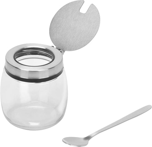 Set of 3 Glass Seasoning Bottles with Lids, Stainless Steel Serving Spoons, Base Rack and Labels - only fire Condiment