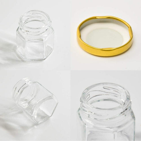 1.5oz 6Pack Mini Glass Hexagon Jars with Gold Lids, Bee Charms, Honey Dipper Sticks for Party Favors