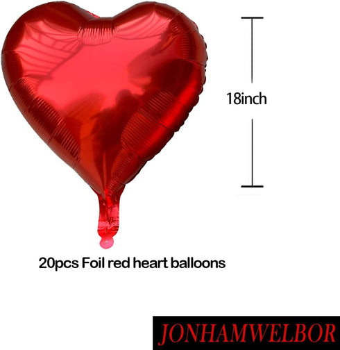 Jonhamwelbor 20Pcs 18 inch Red Foil Mylar Heart Shape Balloons for Valentines, Birthday, Wedding Party Decorations