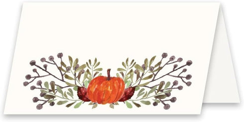 Koko Paper Co Thanksgiving Table Place Cards with Pumpkin and Fall Leaves, 50 Tent Style Dinner Setting Name Cards