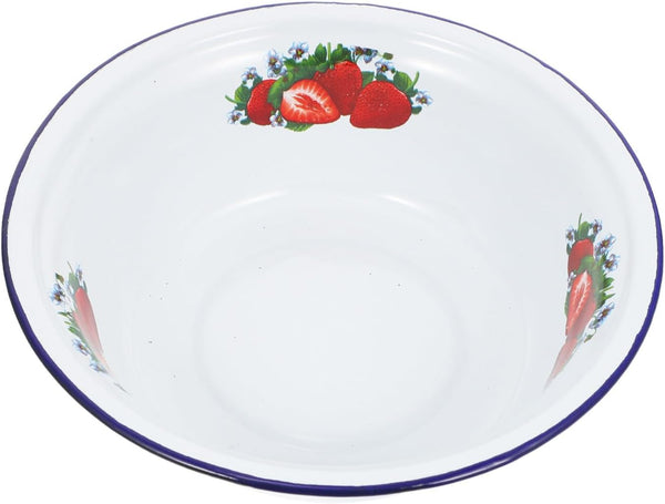 MAGICLULU Vintage Enamel Bowl, Round Tray with Strawberry Pattern, Metal Nesting Food Bowl, 20cm