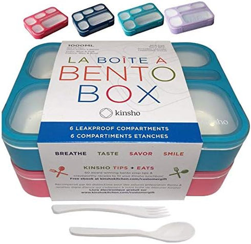 Bento Lunch Box for Kids & Adults, Leakproof Containers with 6 Compartments, BPA-Free Utensils, Blue & Pink Set