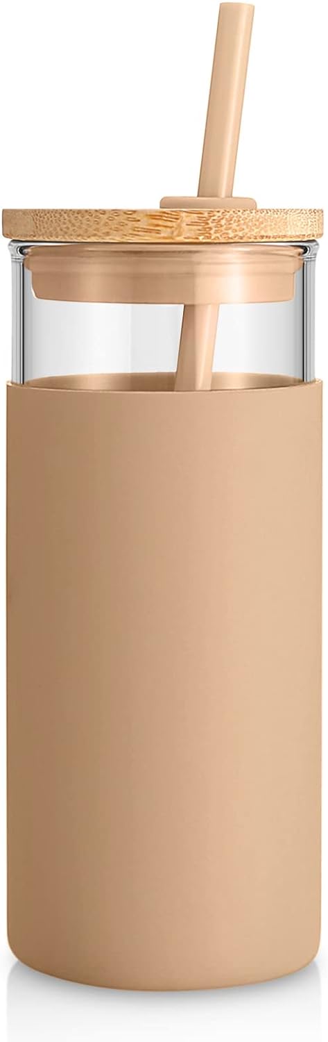 Tronco 20 oz Glass Tumbler with Lid & Straw - Iced Coffee & Smoothie Cup with Silicone Sleeve | BPA-Free, Amber
