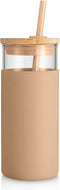 Tronco 20 oz Glass Tumbler with Lid & Straw - Iced Coffee & Smoothie Cup with Silicone Sleeve | BPA-Free, Amber