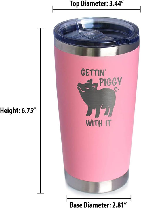 Bevvee Gettin Piggy Insulated Coffee Tumbler Cup, Stainless Steel Mug with Sliding Lid, Pig Themed Coffee Gifts (Pink)