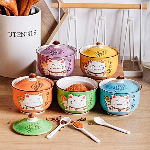 Ceramic Japanese Lucky Cat Sugar Bowl - Salt Storage Jar with Lid and Spoon