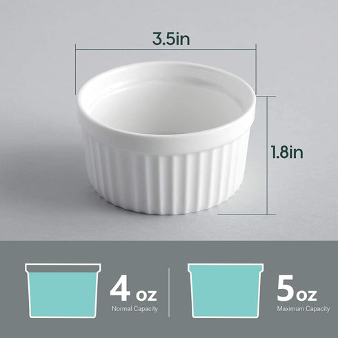 Porcelain Ramekins 4 oz Oven Safe, Small Souffle Dishes for Creme Brulee, Ice Cream, Dipping and Sauces Cup, Ceramic White Mini Baking Bowls Set of 6 by Samsle