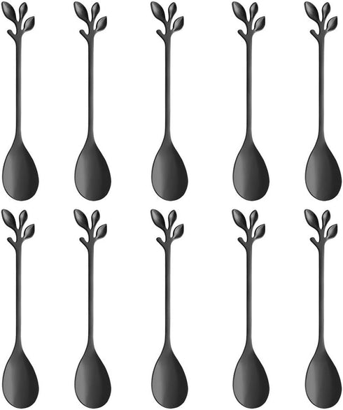 AnSaw Elegant Black Leaf Coffee Spoons, 10-Piece Mini Stainless Steel Espresso & Dessert Spoons