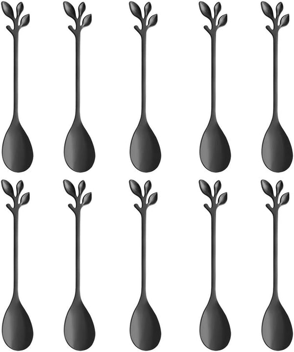 AnSaw Elegant Black Leaf Coffee Spoons, 10-Piece Mini Stainless Steel Espresso & Dessert Spoons