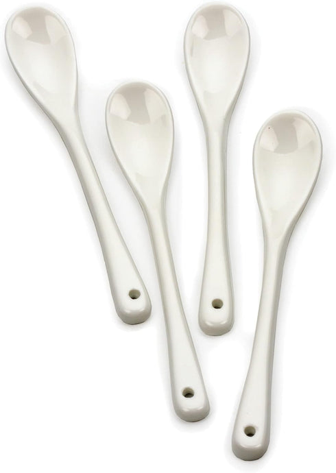 RSVP International Poached Egg Spoon, 4 Piece Set for Jam, Honey or Soft Boiled Eggs, 5.5" Length, White Porcelain
