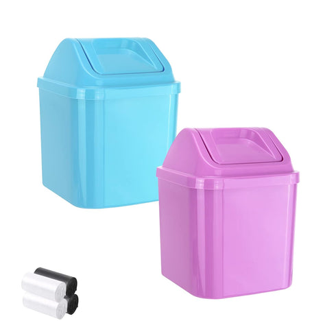 QLFJ-FurDec 2 Pcs Plastic Mini Wastebasket Trash Can with Swing Lid with 4
