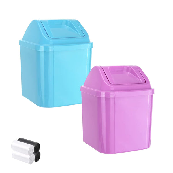 QLFJ-FurDec 2 Pcs Plastic Mini Wastebasket Trash Can with Swing Lid with 4