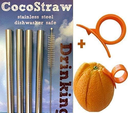 4 Stainless Steel Wide Smoothie Straws + Cleaning Brush + Citrus Peeler - CocoStraw Large Straight Straw