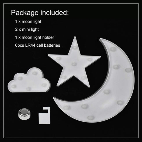Set GUOCHENG Lovely White Moon Star Cloud Light Battery Operated LED Marquee Light Sign Warm White Bedside Lamps