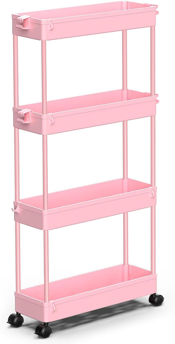 SPACEKEEPER Slim Rolling Storage Cart, 4 Tier Bathroom Organizer with Wheels for Kitchen & Laundry Room, Pink