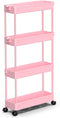 SPACEKEEPER Slim Rolling Storage Cart, 4 Tier Bathroom Organizer with Wheels for Kitchen & Laundry Room, Pink