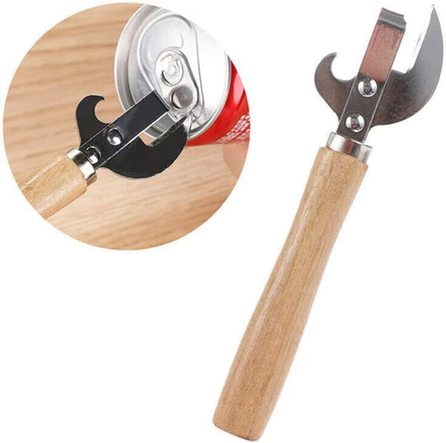Stainless Steel Multifunctional Kitchen Utensil, Manual Can Opener with Wood Handle, Side Cut Remov-e