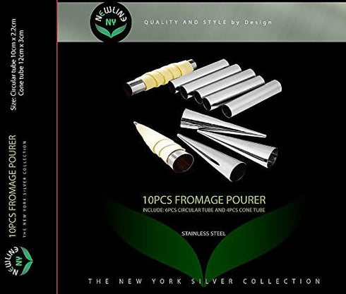 NewlineNY Stainless Steel 10 Pcs FROMAGE POURERS TUBES SET, 6 Circular + 4 Cone Cannoli Forms