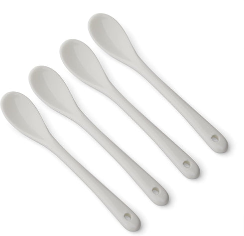 RSVP International Poached Egg Spoon, 4 Piece Set for Jam, Honey or Soft Boiled Eggs, 5.5" Length, White Porcelain