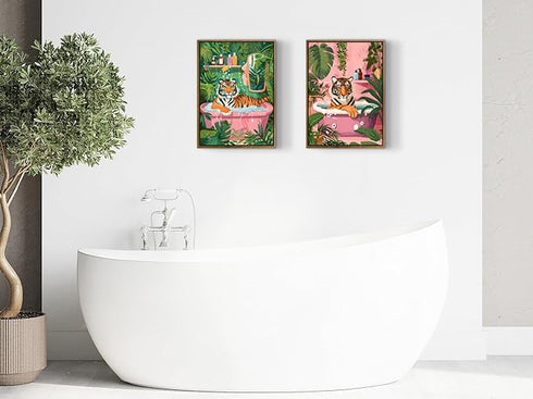ARTZIO Animals In Bathtub Abstract Wall Art, Jungle Tiger Bathroom Decor, Set of 2 12x16in Ready to Hang