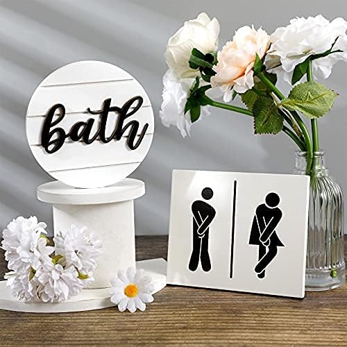 Jetec 2 Pcs 3D Bathroom Signs Decor, Rustic Funny Wooden Unisex Round Restroom Signs for Guest