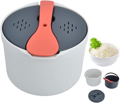 Microwave Rice Cooker Steamer, 2 L Microwave Pasta Cooker with Strainer, Non Stick Cookware Set for Rice, Pasta,