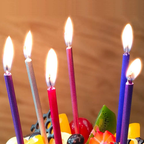 12 Count Long Thin Red Birthday Cake Candles with Holders for Birthday, Wedding Party, Cupcake Decorations