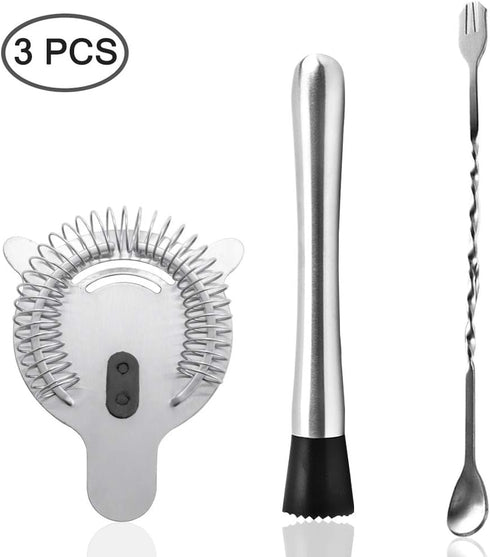 SENHAI Stainless Steel Cocktail Muddler, Spiral Mixing Spoon & 4-Prong Bar Strainer - Bartender's Tool Set