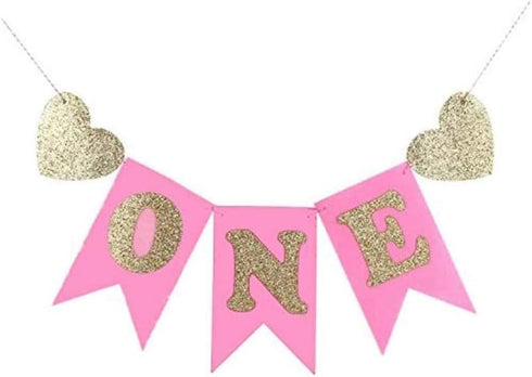 Hongkai Glitter Gold 1st Birthday Highchair Banner girl baby Birthday ONE Banner One