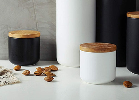 Ceramic Pure Color Sugar Bowl, Spice Jar Storage Pot with Wooden Lid