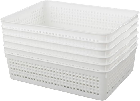 Plastic Storage Trays Baskets, Set of 6 Organizing Baskets, 13.2 x 9.6 x 3.6 Inches (White)