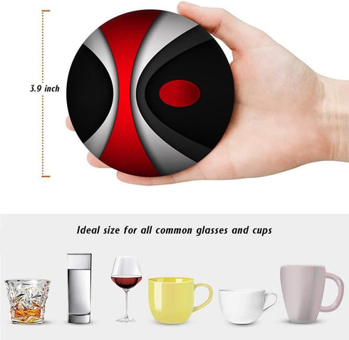 HUXJOKO Set 6,Modern Coasters for Drinks of Red Black Geometric Absorbent Ceramic Coaster,Round Stone Mat,with Cork