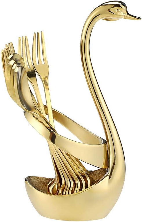 AnSaw Gold Swan Base Holder Set with 10 Pcs Mini Leaf Teaspoons & Dessert Forks - Perfect for Appetizers, Salads