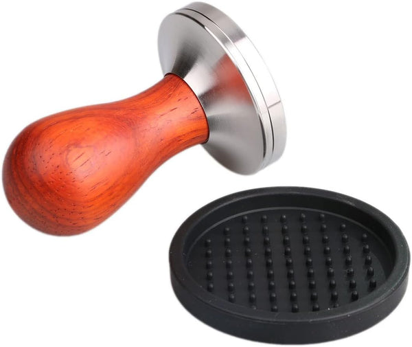 Coffee Tamper 58mm Barista Espresso Press with Tamper Mat, 304 Stainless Steel Base, Wooden Handle