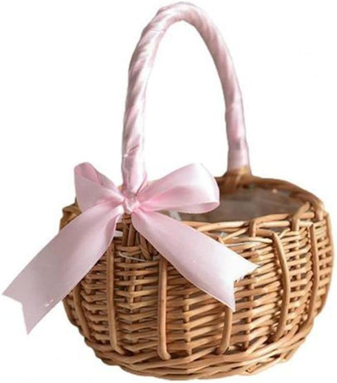 Wicker Rattan Flower Basket, Hand Woven Wedding Flower Girl Basket Decoration, Candy Storage Home Decoration (S, pink)