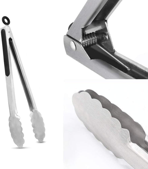 ALLTOP Metal Cooking Tongs Set of 2, Stainless Steel Food Tongs with No-slip Silicon, 9 & 12 inch, Black