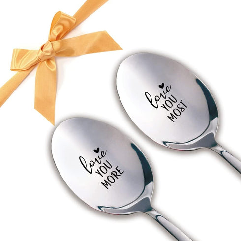 Love You More, Love You Most, 2 Pcs Engraved Stainless Spoon Couple Gifts for Wedding Anniversary