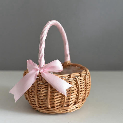 Wicker Rattan Flower Basket, Hand Woven Wedding Flower Girl Basket Decoration, Candy Storage Home Decoration (S, pink)