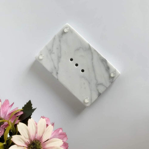 Natural Smooth Real Marble Soap Dish, Facial Sponge Holder with Draining Hole, White Carrara