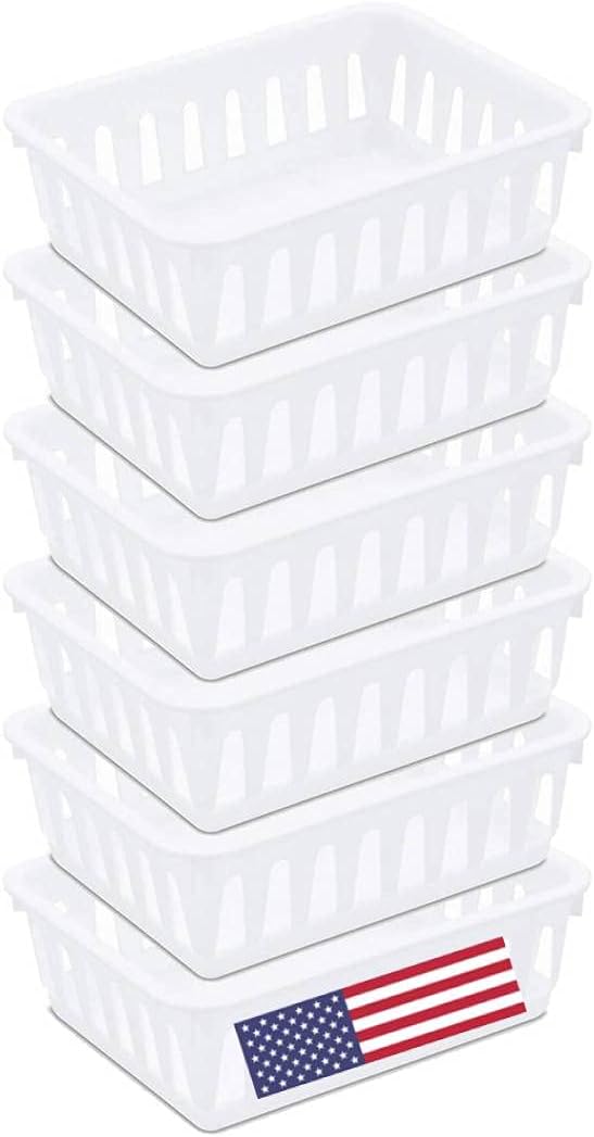 Tribello Mini Plastic Baskets, Pack of 6 White Drawer/Closet Storage Trays, Size 6 x 5 x 2, Made in USA
