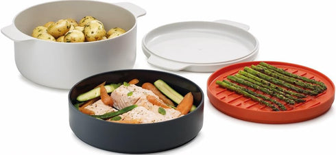 Joseph Joseph M-Cuisine 4-Piece Stackable Cooking Set, 2 Liter Cooking Pot, Steamer, Griddle, and Lid in Orange/Beige