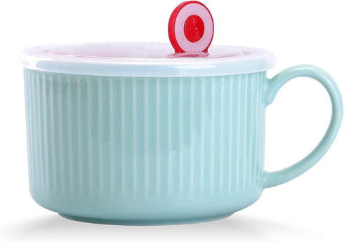 WHJY 30oz Ceramic Bowl with Lid and Handle for Soup, Instant Noodles, Modern Style, Heat Preservation Handle - Blue