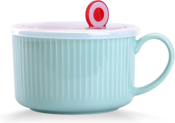 WHJY 30oz Ceramic Bowl with Lid and Handle for Soup, Instant Noodles, Modern Style, Heat Preservation Handle - Blue