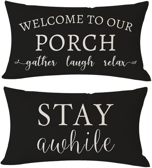 PANDICORN Welcome to Our Porch Stay Awhile Farmhouse Black and White Outdoor