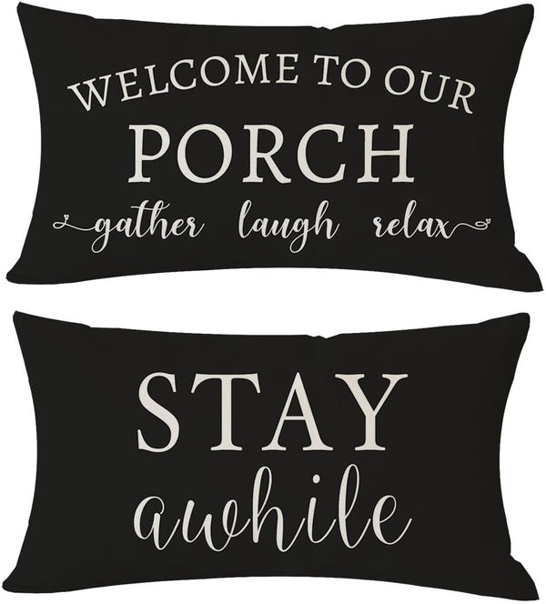 PANDICORN Welcome to Our Porch Stay Awhile Farmhouse Black and White Outdoor