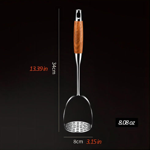 REDANT 13.5" Commercial Stainless Steel Potato Masher with Wooden Handle - Heavy Duty Metal Masher for Mashed Potatoes