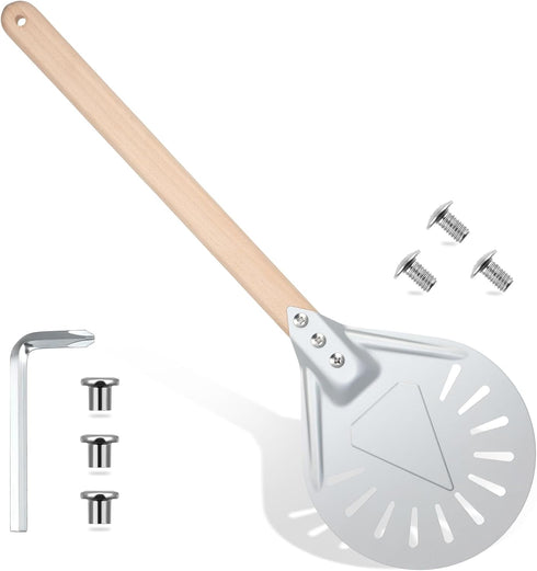Pizza Turning Peel, Perforated Metal Aluminum Paddle with 16 Inch Anti-Scalding Non-Slip Wooden Handle