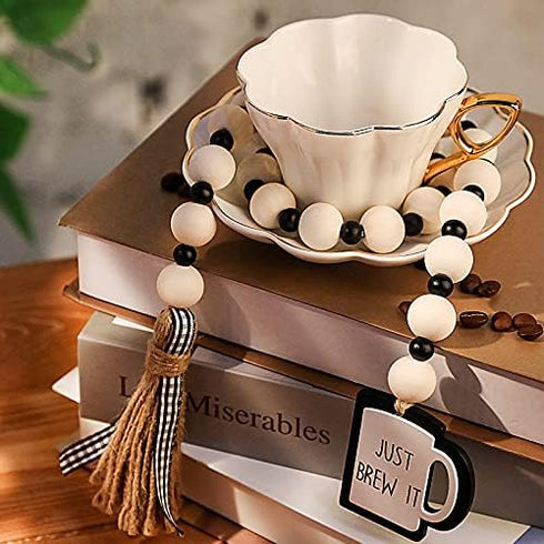 Jetec Coffee Bar Decor, Wood Bead Garland with Tassel for Coffee Bar Try Decor Accessories