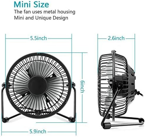 xasla 4 Inch Mini USB Desk Fan (Black), Quiet Fan with Metal Construction, Strong Airflow, 360° Adjustable Tilt Angle