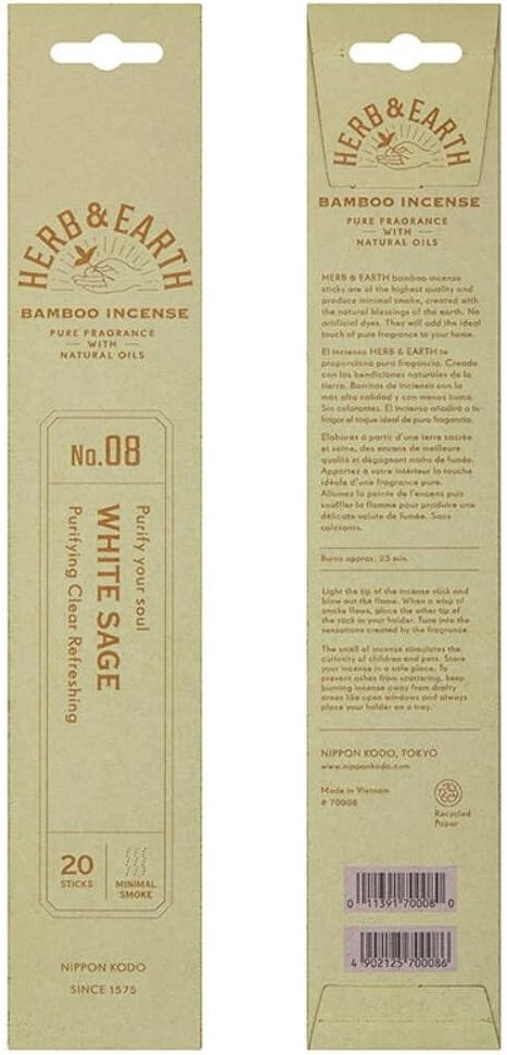 20 1575 HERB & EARTH H&E Bamboo Incense - White SAGE - Sticks by Nippon KODO, Japanese Quality Incense Since